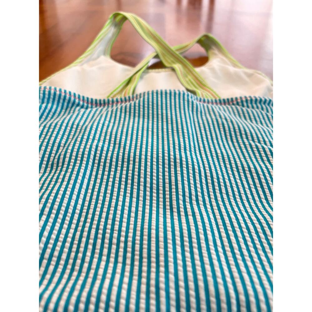 Lands End Girls One Piece Swimsuit Size 16 Colorblock Seersucker Stripe Swimwear - Picture 3 of 10